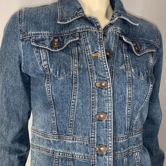 Vintage DKNY Jeans Denim Jacket Medium Y2K Mid Blue Peplum Trucker Womens - Picture 2 of 13